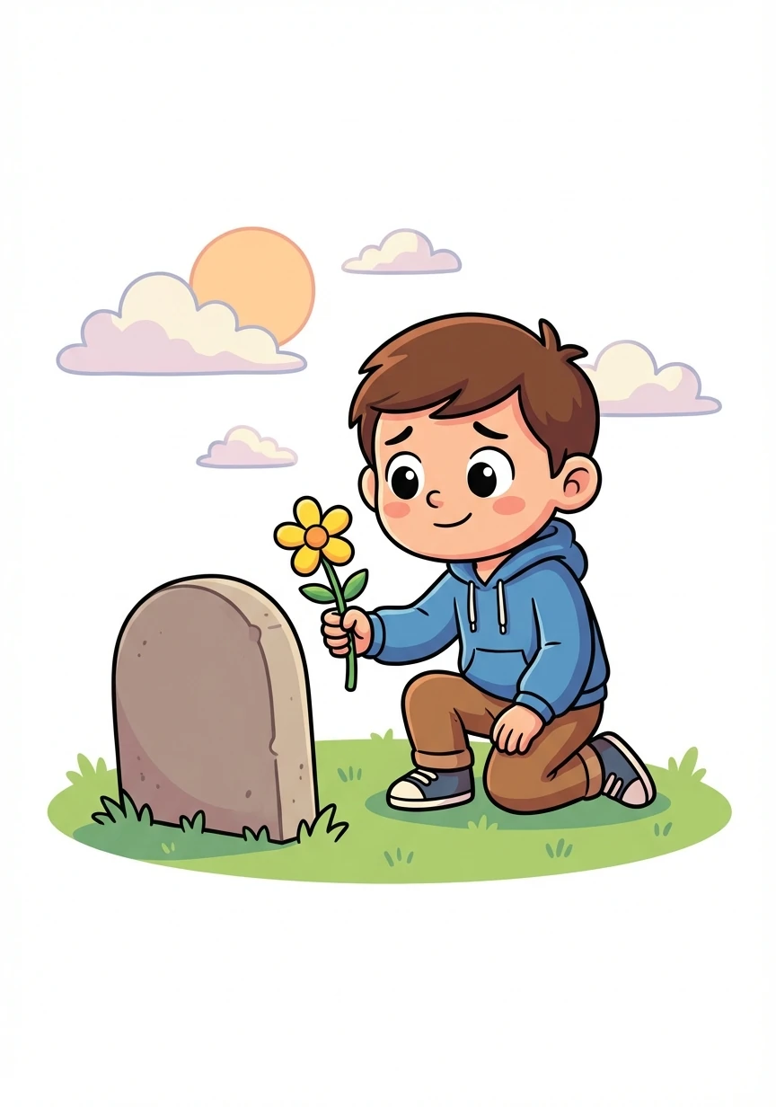 Ethan stands at his dad's graveside, a single flower in his hand. He whispers, "I miss you, Dad," a glimmer of hope flickering in his eyes.