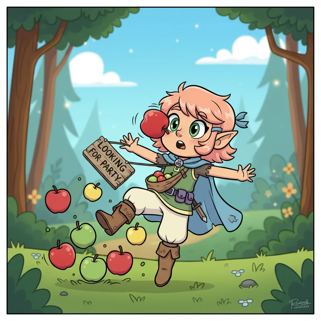 Cherry Blossom, a small elf with bright blue eyes and a tattered outfit, tripped over her own feet, sending a cascade of brightly colored apples tumbling from her makeshift sling. Her 'Looking for Party' sign swung wildly around her neck as she landed with a soft thud, a single apple bouncing off her nose.