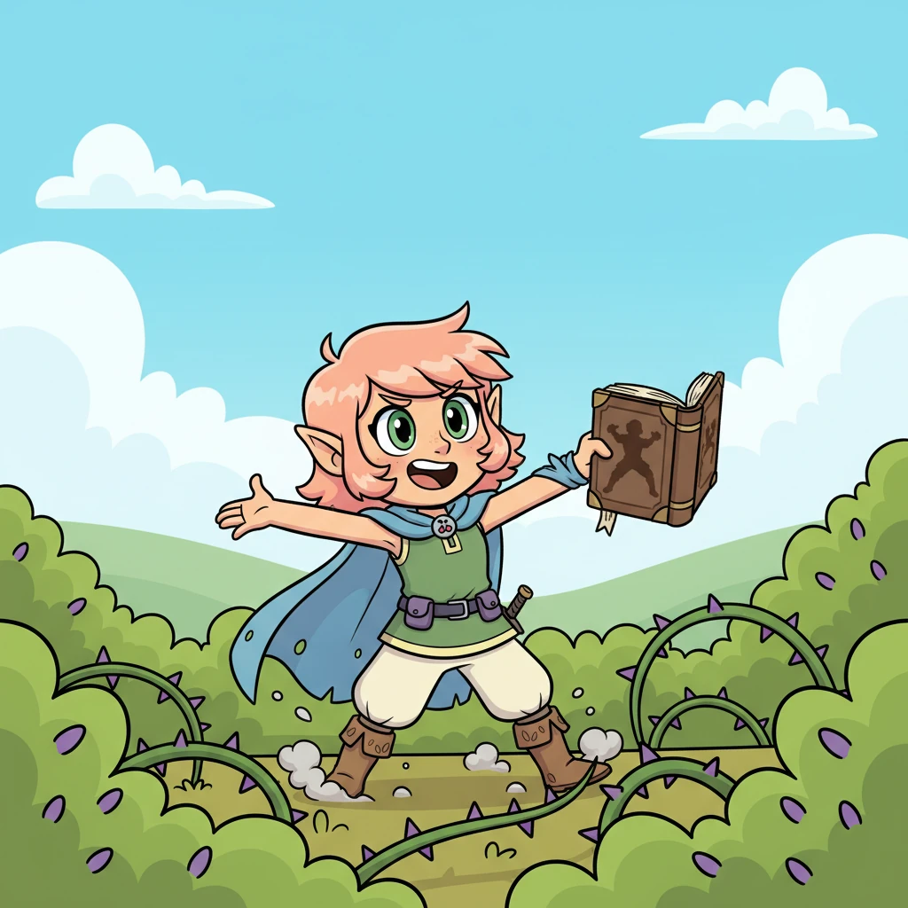 Undeterred, Cherry dusted herself off, pulling out her worn 'Guide to Adventuring'. 'The guide says, 'A true rogue always recovers with grace!'' she declared, striking a dramatic pose, only to immediately snag her tattered cloak on a thorny bush, pulling her into a tangled mess.