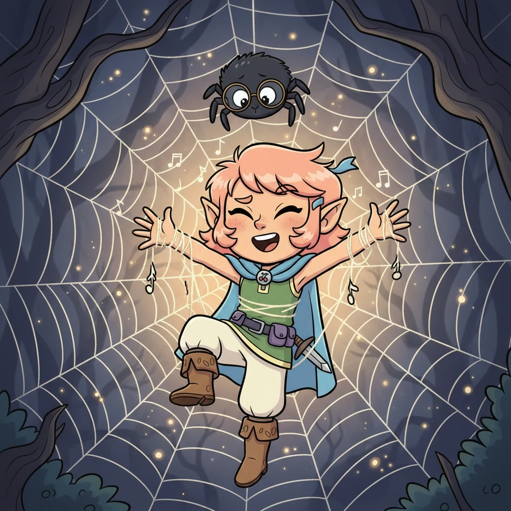 She found herself tangled in a giant spiderweb, her chipped dagger useless against the sticky strands. A tiny, cartoonish spider, with oversized glasses, peered down at her, looking more curious than menacing. Cherry, ever resourceful, began humming a catchy tune, hoping to lull the spider into a web-cutting trance.