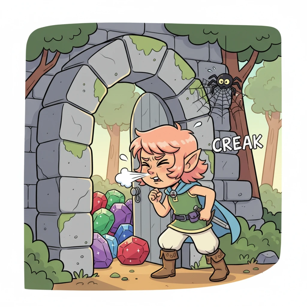 Suddenly, with a mighty sneeze, Cherry head-butted a nearby ancient wall. Instead of a bump, a secret passage swung open with a creak, revealing a hidden chamber filled with sparkling, oversized gems. The spider looked utterly baffled, spinning a tiny, confused web.