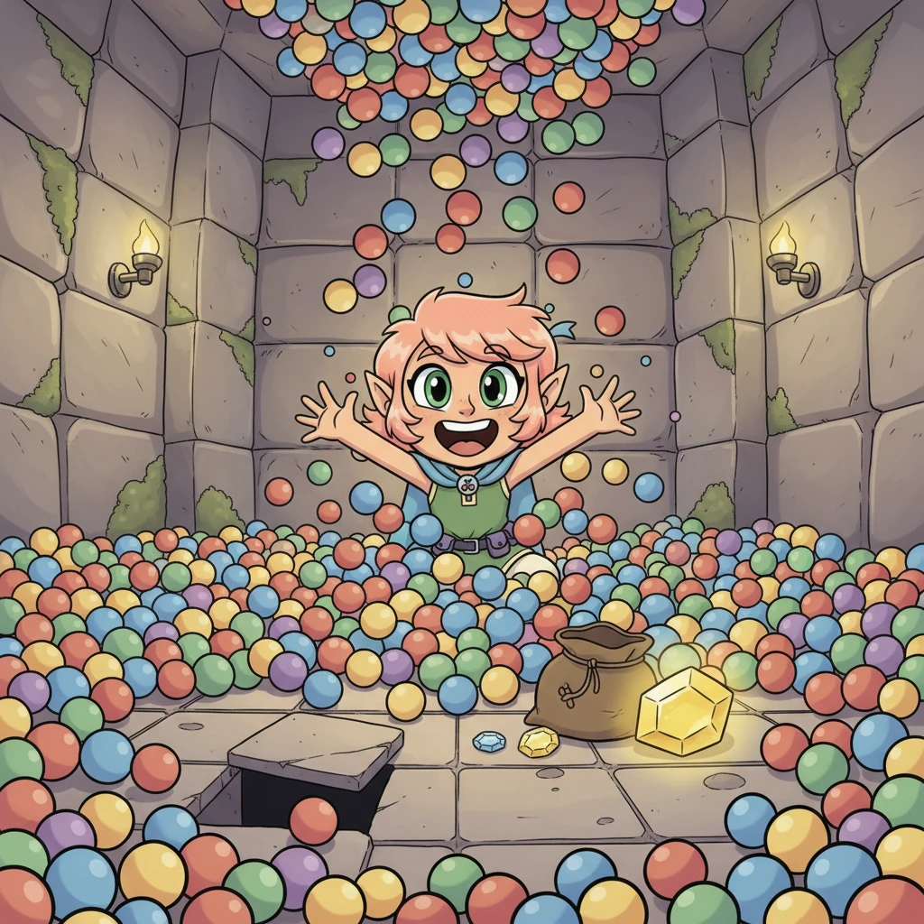 Inside the chamber, Cherry, wide-eyed, tried to bag a particularly shiny gem, only to accidentally pull a loose floor tile. This triggered a cascade of harmless, bouncy rubber balls that filled the room, making her laugh as she playfully swam through them.