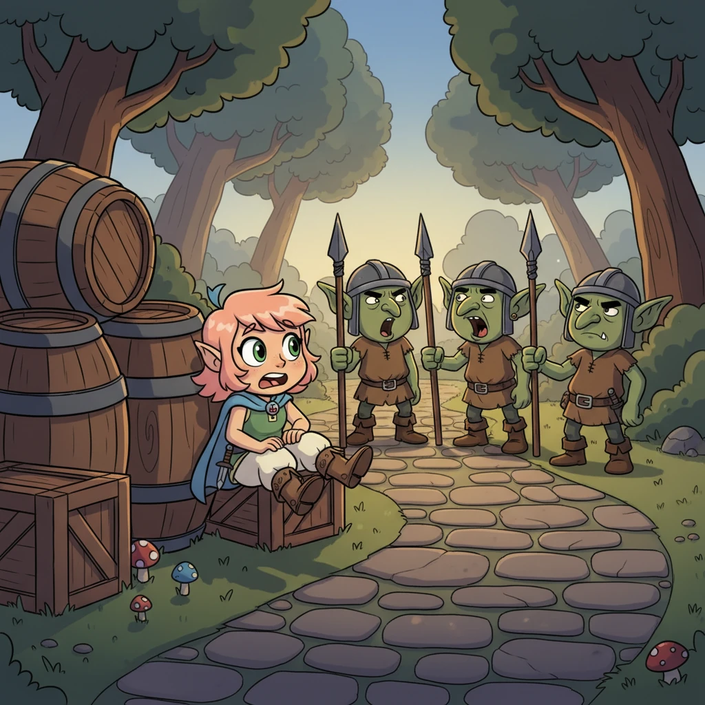 Trying to make a discreet exit, Cherry spotted a group of grumpy-looking goblins guarding the main path. 'The guide says, 'A skilled rogue moves unseen,'' she whispered, attempting a stealthy roll behind a barrel, but her curvy hips got stuck halfway, leaving her comically wiggling.