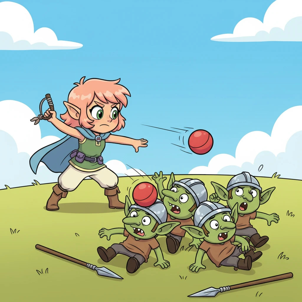 The goblins, distracted by her comical struggle, began to argue amongst themselves about the best way to extract her. Cherry, using her makeshift sling, launched a perfectly aimed rubber ball that bounced off a goblin's helmet, creating a domino effect that knocked them all over in a pile.