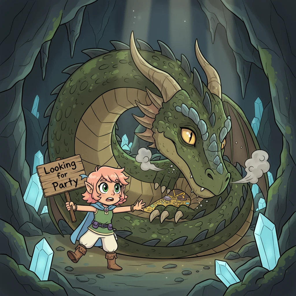 Escaping the goblins, Cherry stumbled upon a sleeping dragon, its snores rattling the very ground. Remembering a past mishap, she carefully tiptoed, but her 'Looking for Party' sign clinked against a loose scale, waking the dragon with a gentle, inquisitive blink.