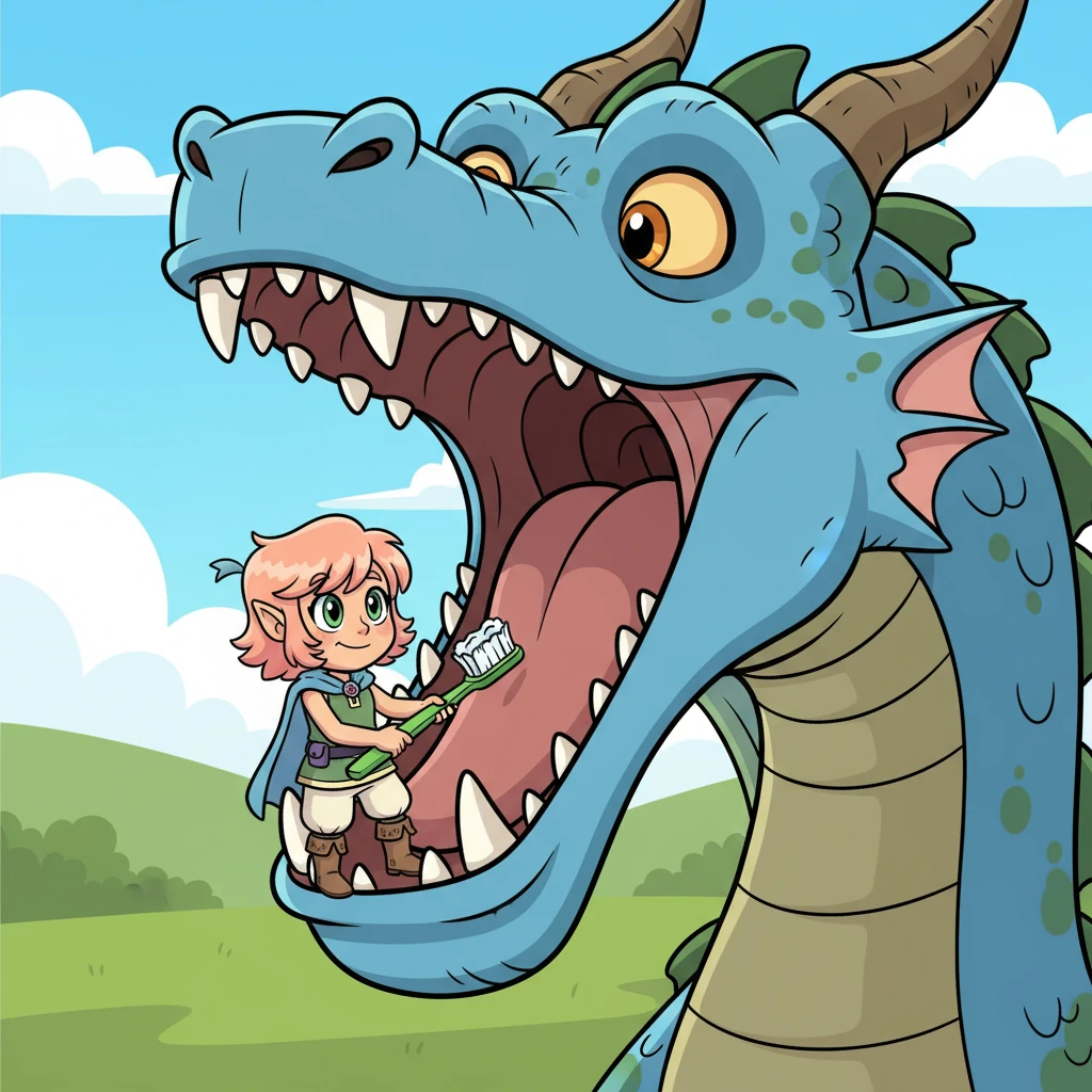 Instead of fire, the dragon let out a massive yawn, revealing a surprisingly clean set of teeth. Cherry, seeing an opportunity, pulled out a tiny, oversized toothbrush and, with surprising confidence, began to brush a particularly stubborn spot, much to the dragon's bewildered amusement.