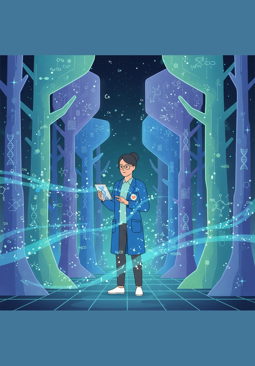 Aris stands in a vast, glowing digital forest where every tree represents a different biological database. The air is thick with floating fragments of code and chemical formulas, illustrating the fragmented and diverse nature of modern biomedical data.