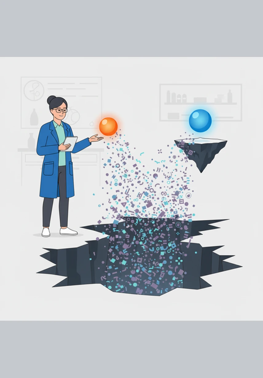 Aris tries to connect two distant glowing orbs representing a gene and a protein, but they are separated by a chaotic chasm of noise. The sheer volume of disconnected information makes it nearly impossible to see the path forward in this data-centric world.