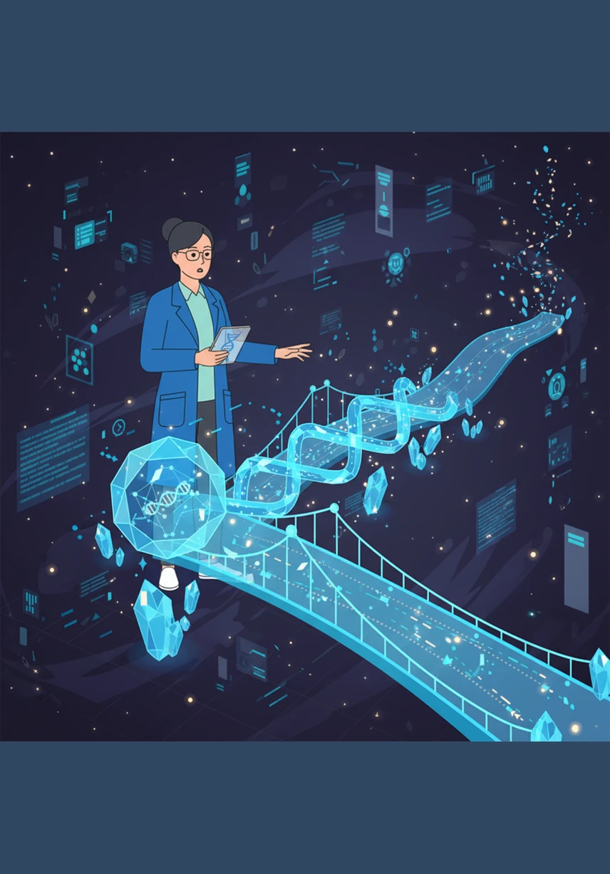 In the center of the chaos, Aris discovers a glowing crystal bridge composed of three distinct parts: a head, a relationship, and a tail. This triplet structure begins to organize the floating fragments into a clear and sturdy path through the digital void.