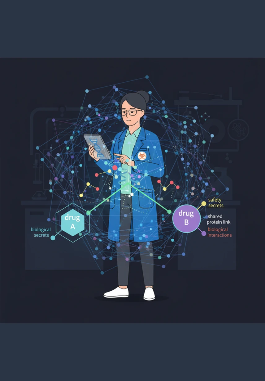 Within the glowing web, Aris observes two different drug entities interacting through a shared protein link. The graph highlights how one drug might affect another, revealing safety secrets and biological interactions that were hidden when the data was fragmented.