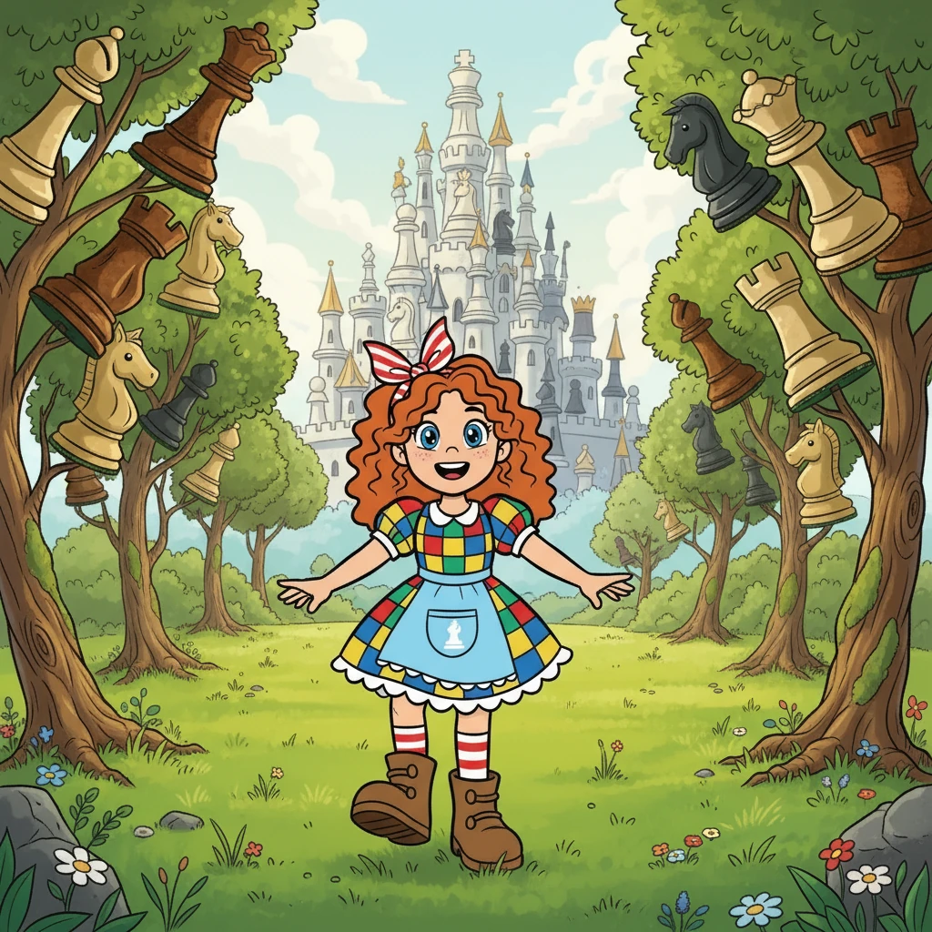 Очнувшись, Маша оказалась на зеленой лужайке, окруженной необычными деревьями. Перед ней возвышался огромный шахматный замок. Очарованная, она шагнула вперед, готовая к новым приключениям.