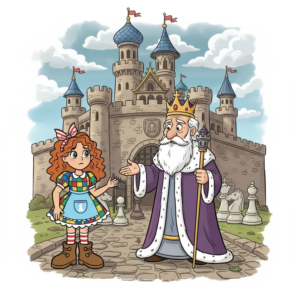 У ворот замка Машу встретил важный Король. Он рассказал ей о том, что в их королевстве неспокойно, и что только Маша может помочь. Он попросил ее подружиться с другими шахматными фигурами.