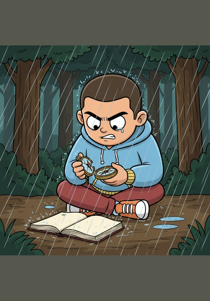 Faced with a sudden storm and a broken compass, Leo searches his memory for a chapter on how to handle a crisis, but finds only blank pages. For the first time, there is no teacher to guide him and no multiple-choice options to lead the way through the pouring rain and rising uncertainty.