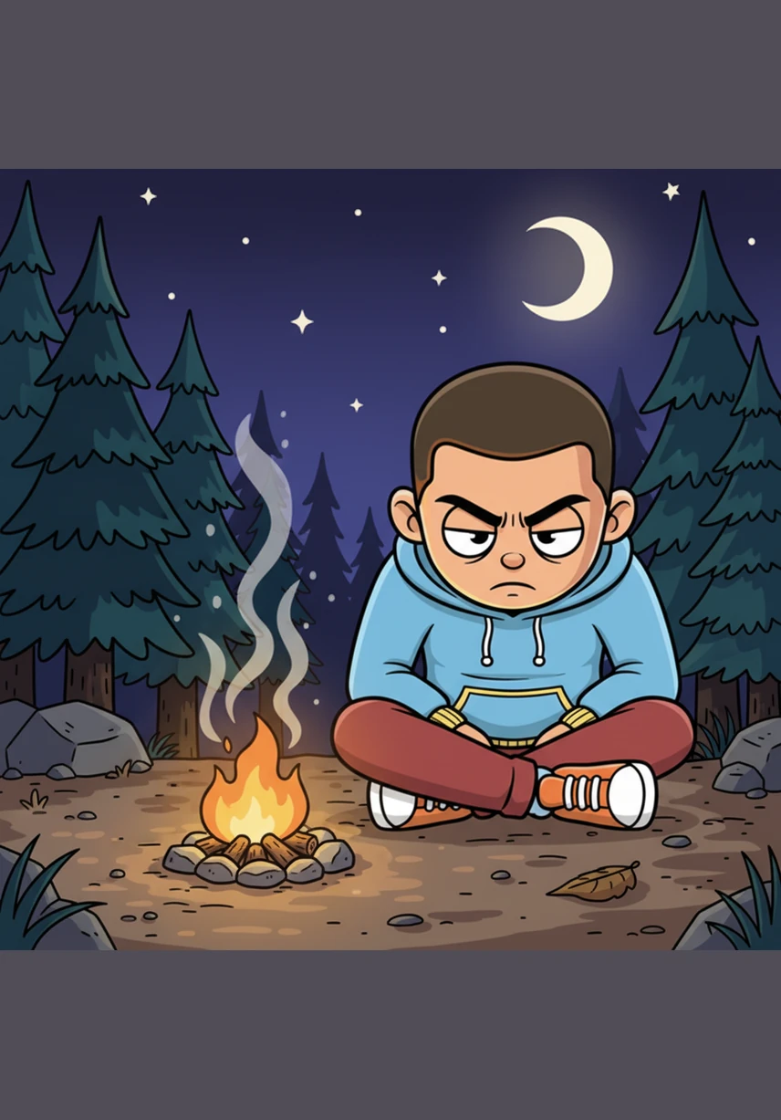 Leo sits by a flickering campfire, staring at his hands and realizing that his high marks cannot keep him warm or find him a way home. The silence of the wilderness forces him to listen to his own thoughts, stripping away the validation of grades until only his true self remains in the darkness.