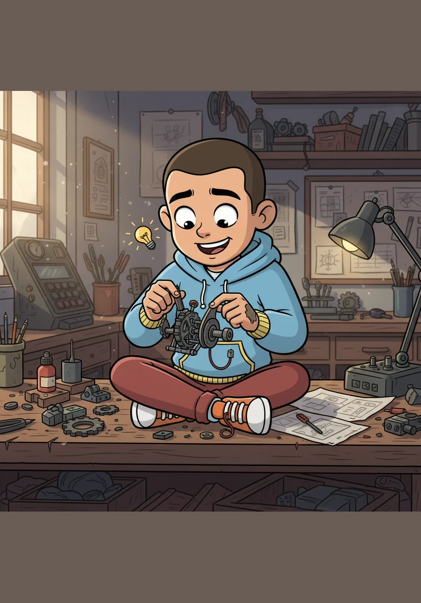 In a workshop filled with gears and blueprints, Leo creates something entirely original, born from his own curiosity rather than a set of instructions. He finds joy in the messy process of questioning and the thrill of discovery, finally realizing that his mind was meant for more than just storing information.