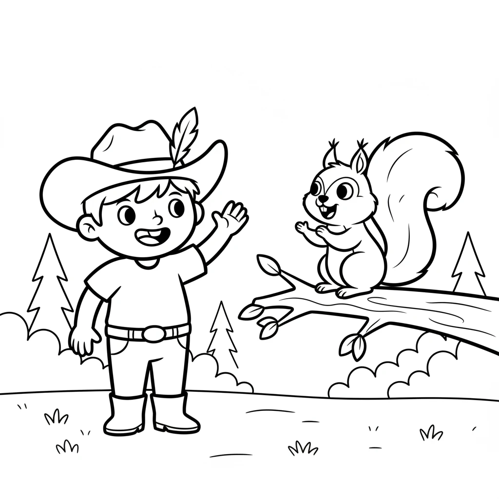 Deep in the quiet woods, Rusty met a friendly squirrel named Squeaky. Squeaky had a bushy tail and bright, round eyes. They exchanged happy greetings, both surprised to find a new friend.