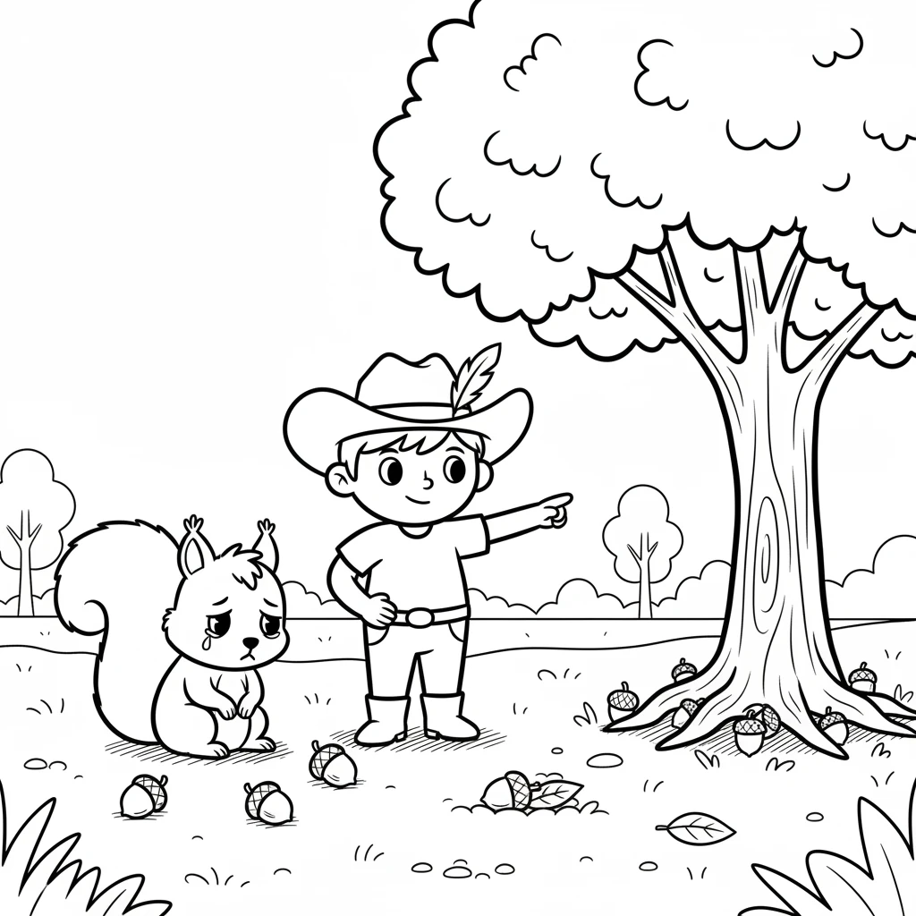Squeaky was very sad because he had lost his favorite acorns! Rusty, with his big, kind heart, promised to help. Together, they began to search under the big, leafy trees.