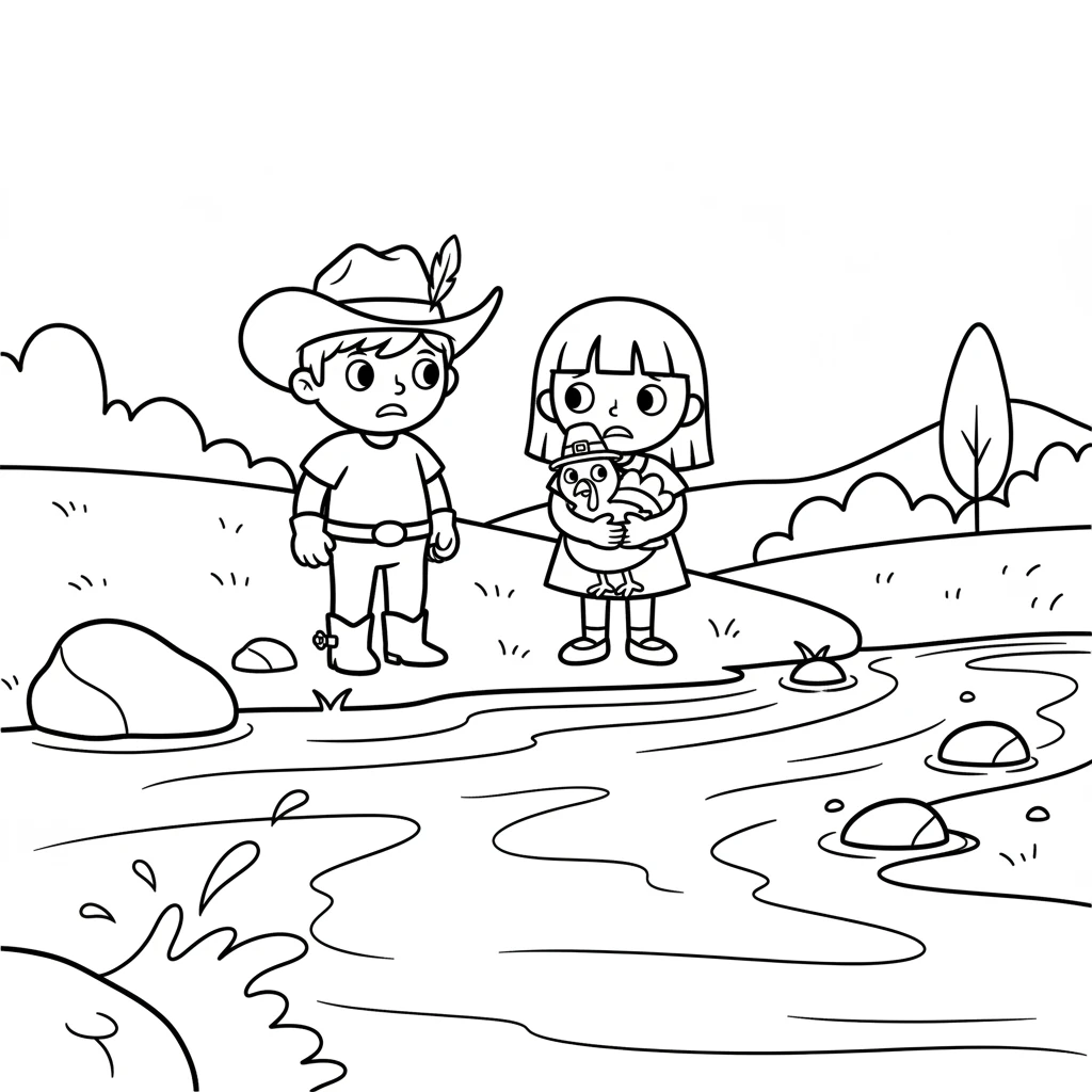 Their adventure led them to a wide, gurgling stream. The water flowed quickly, making a gentle splashing sound. It looked a bit too wide for Squeaky's tiny paws, and even Rusty felt a little nervous.