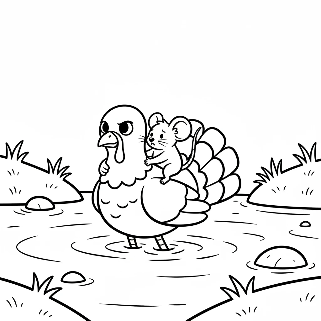 "Don't worry, Squeaky!" gobbled Rusty bravely. He carefully stepped into the cool water, letting Squeaky hop onto his back. Slowly and steadily, Rusty carried his new friend across to the other side.