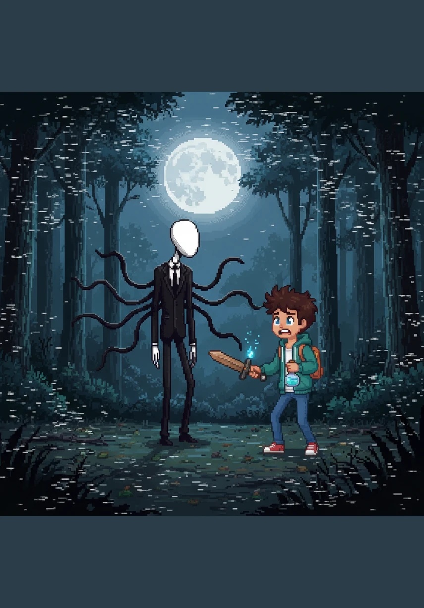 The Slenderman finally reveals himself fully, standing at the center of the clearing with his faceless head tilted toward Leo. Static fills Leo's vision and his ears ring with a deafening screech as the entity steps out of the shadows and into the moonlight.