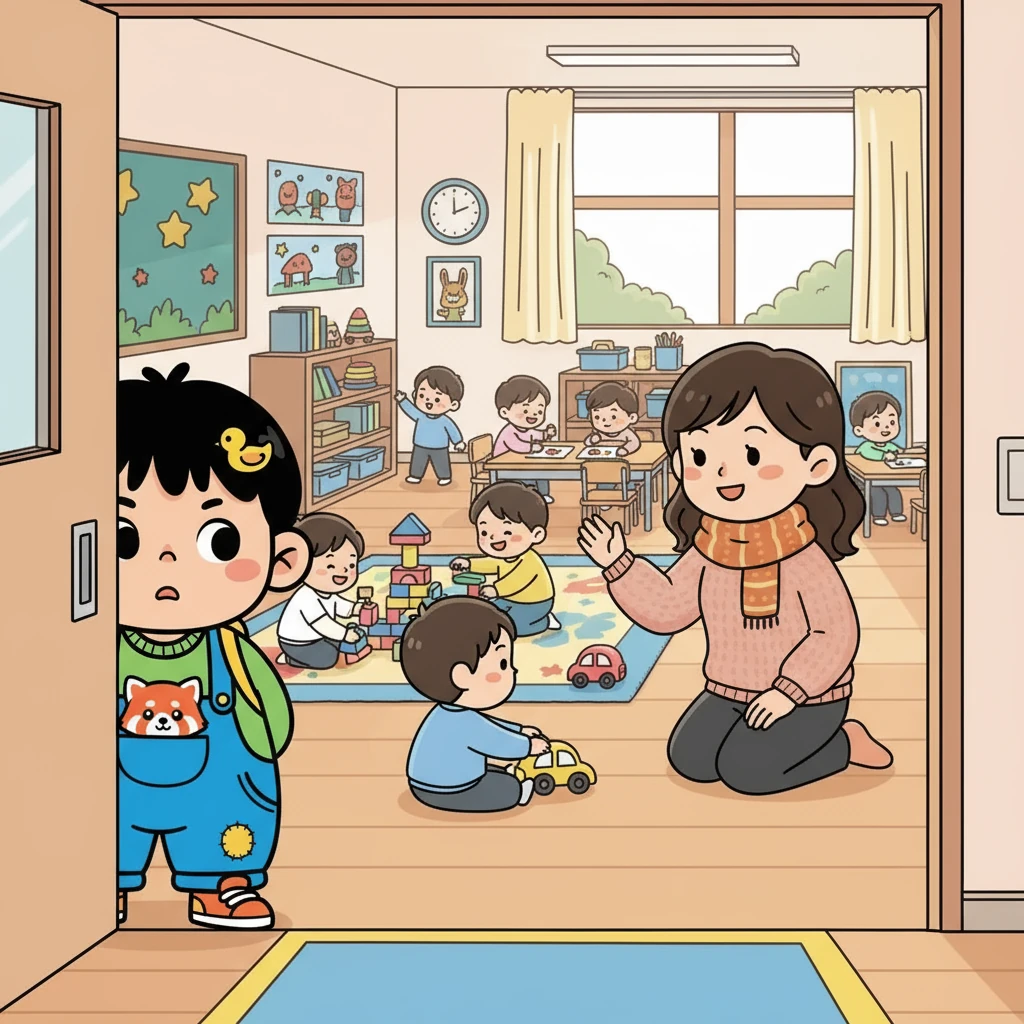 走进教室，小雨看到许多小朋友正在玩游戏。她有点害羞，不敢加入。老师亲切地向她招手，鼓励她一起玩耍。