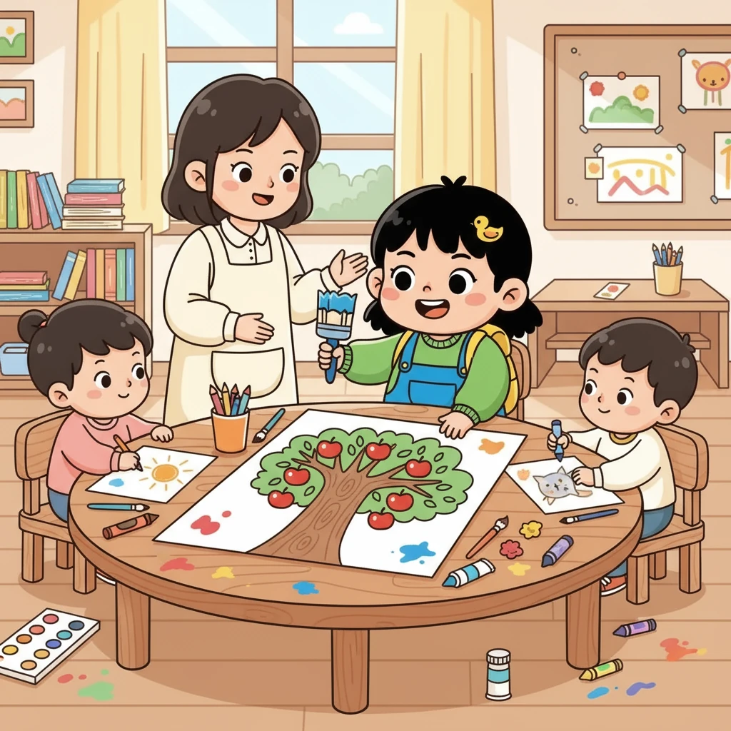 老师带着小朋友们一起画画。小雨拿起画笔，在纸上画了一棵大树，树上结满了红彤彤的苹果。她开心地笑了，觉得自己像个小画家。