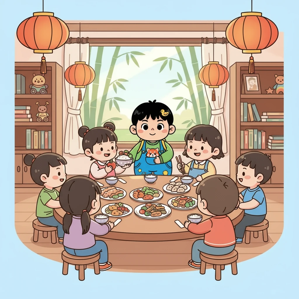 午餐时间到了，小雨和新朋友们一起分享美味的午餐。大家互相帮助，互相分享，小雨感受到了友谊的温暖。