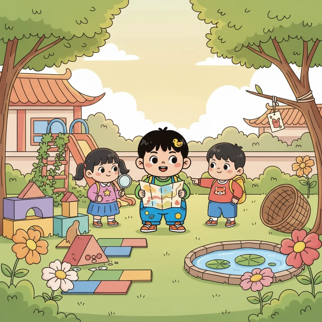 下午，幼儿园里举办了一场寻宝游戏。小雨和朋友们一起，在幼儿园里寻找线索，克服困难，最终找到了宝藏。