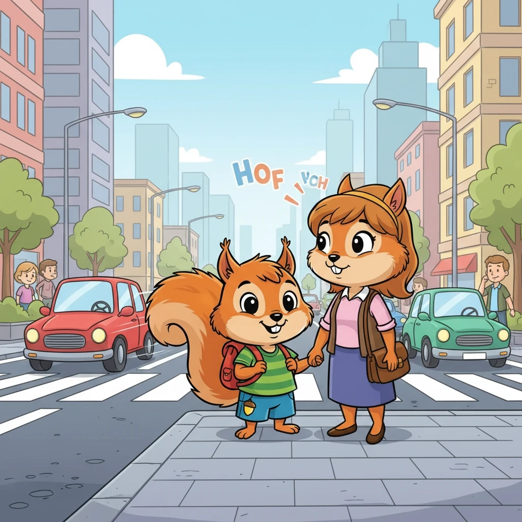 Sammy, a curious young boy, stood at the edge of a busy street. He clutched his mother's hand tightly, his eyes wide with wonder and a hint of nervousness. Cars whizzed by, and the sounds of horns and engines filled the air, making him feel a bit overwhelmed.