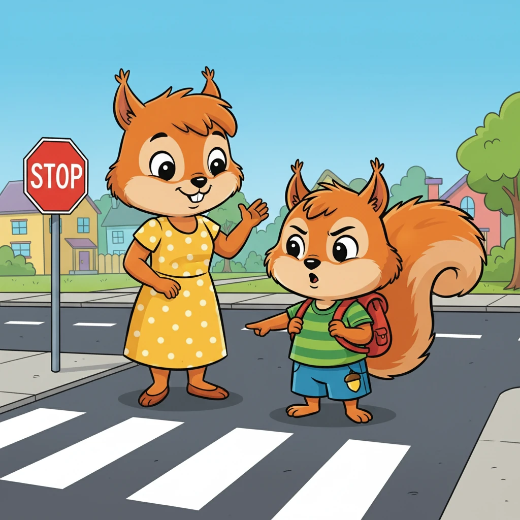 His mother pointed towards the crosswalk, explaining, "This is where we cross, Sammy. See the white lines?" She smiled, showing him the 'Look Left, Look Right, Look Left Again' rule. Sammy nodded, determined to learn how to cross safely.