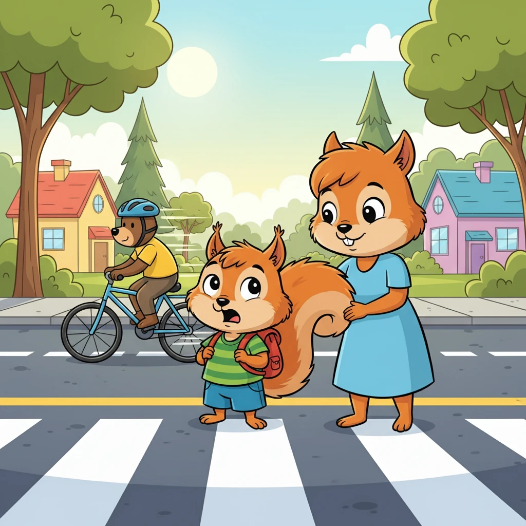 Halfway across, a fast-moving bicycle zipped past. Sammy gasped, but his mother quickly and calmly reminded him, "See? That's why we always look!" Sammy took a deep breath, and continued crossing, more aware than ever.