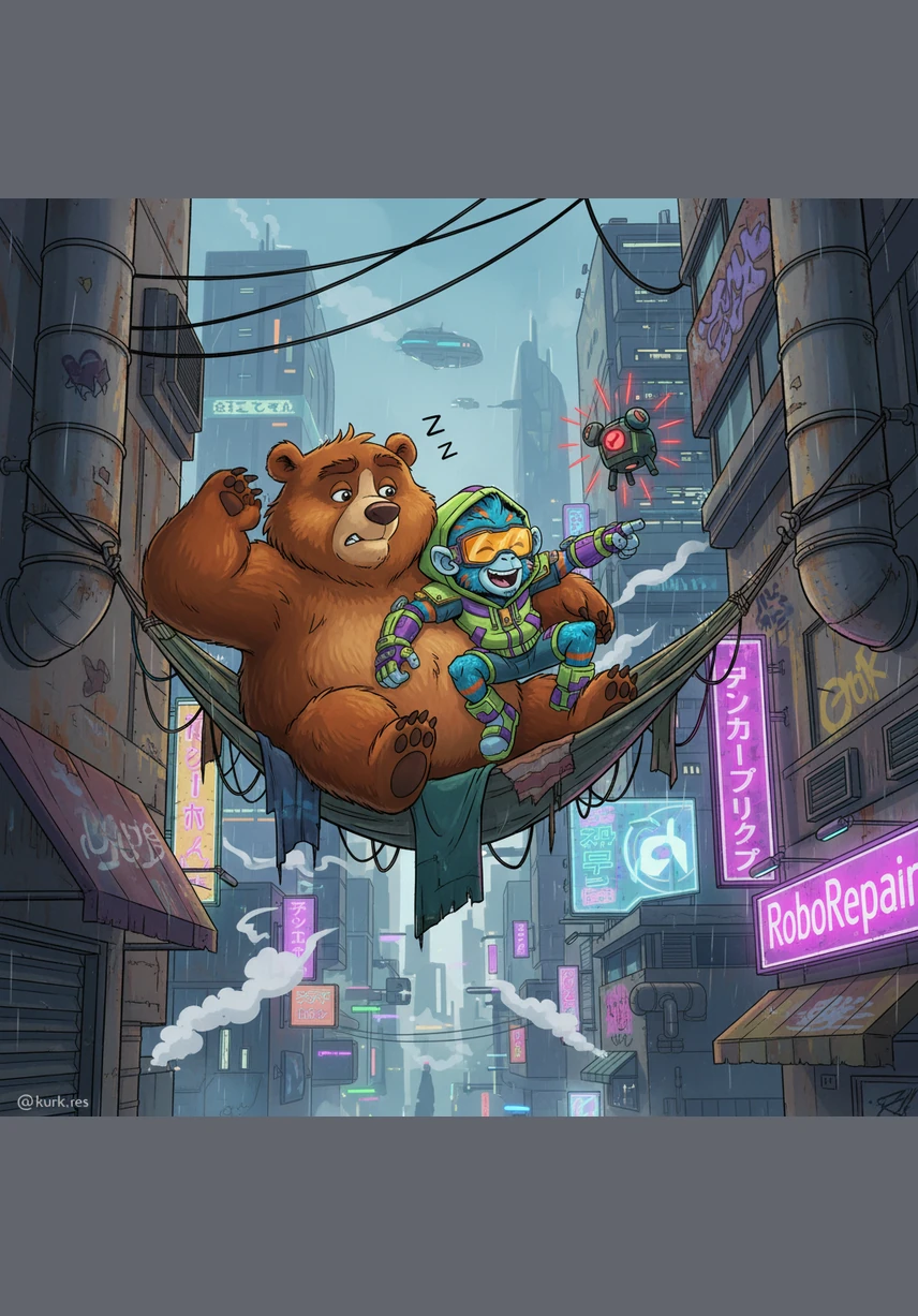 Golu the shaggy bear and Macha the monkey wake up in the vibrant village of Tuk-Tuk-Pur. The morning sun paints the teal houses in gold as the friends prepare for a big day of adventure under the swaying palms.