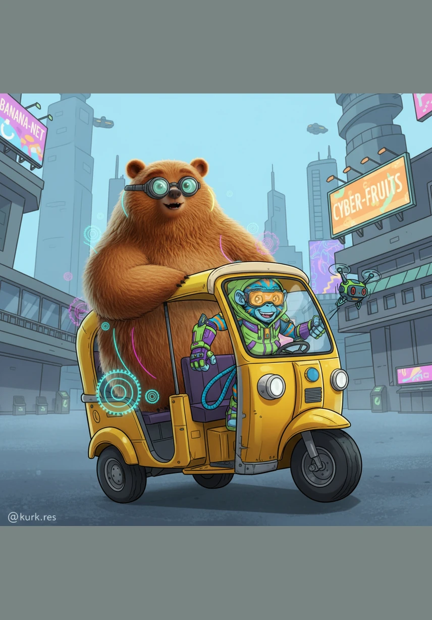 Golu tries to climb into the small Tuk-Tuk, looking like a giant cupcake overflowing from a tiny yellow cup. With a wiggle and a squish, the front wheels pop off the ground, but the two friends are finally ready to roll.