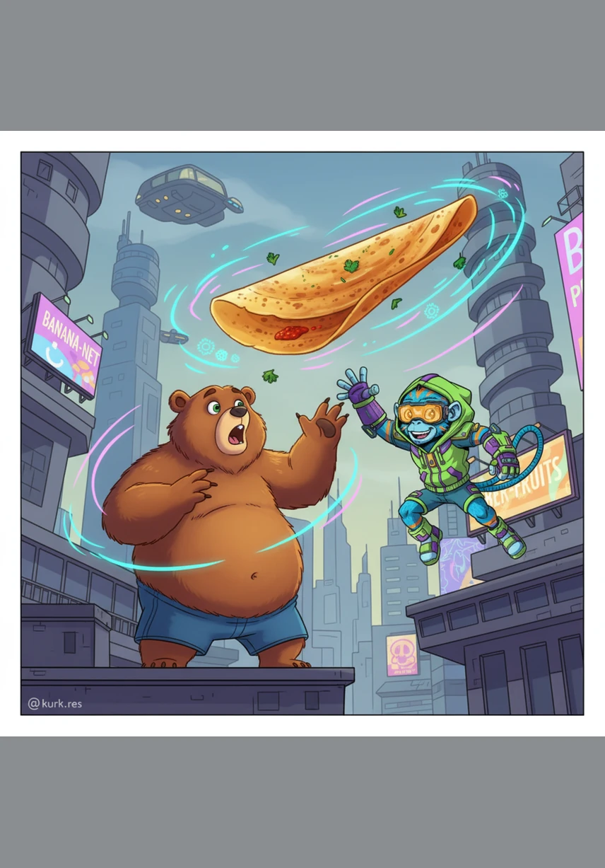 Just as they reach out to take a bite, a mischievous wind picks up and carries the Dosa high into the sky. The friends watch in awe as their delicious prize sails away like a giant, golden frisbee over the rooftops.