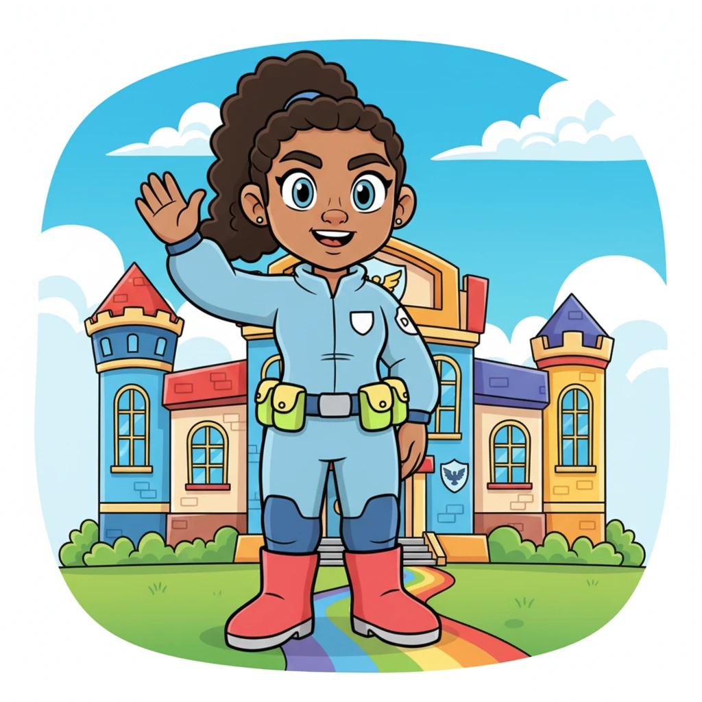 Welcome to the world of safety and smiles! Our super-friendly guide, Agent Sparkle, is ready to show you how the Department of Homeland Security (DHS) helps keep everyone safe. She stands proudly in front of a colorful, cartoon-style building, waving hello with a big, cheerful grin.