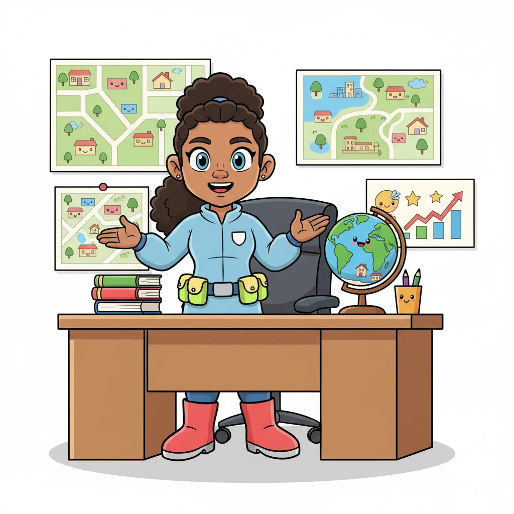 Inside a bright, modern office filled with friendly maps and playful charts, Agent Sparkle introduces herself. She explains that DHS is like a big team of helpers, working together to make sure our homes, schools, and neighborhoods are protected. Her desk is neat and tidy, with a little globe showing all the places DHS helps.