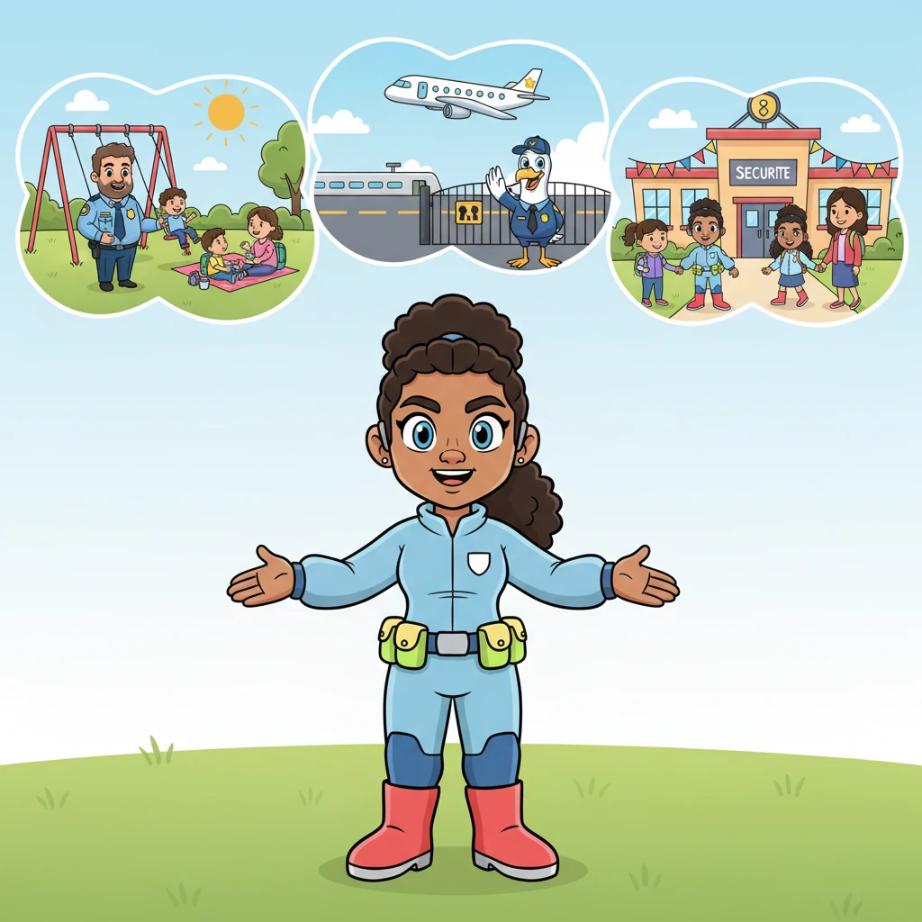 Agent Sparkle explains that DHS's main job is to keep families and communities safe from all sorts of dangers. Imagine a sunny park where families play, a bustling airport where planes take off smoothly, and a secure school where kids learn happily. DHS helps make sure these places are safe for everyone.