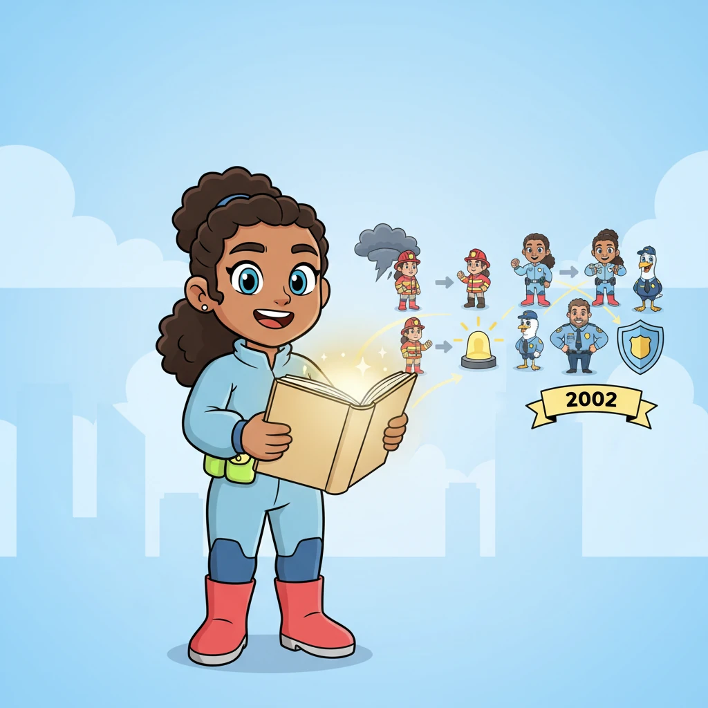 She then takes us back in time with a magical flip-book, showing when DHS was established in 2002. It was created after a big event to bring many different safety teams together, making them stronger and more coordinated. This helps ensure that everyone is protected and prepared for anything.