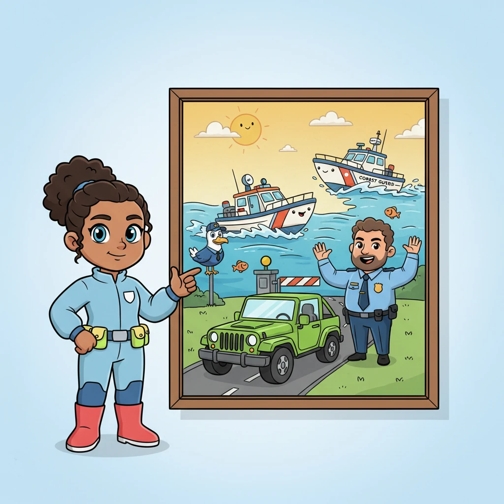 One of DHS's important jobs is protecting our country's borders, both on land and at sea. Agent Sparkle points to a lively illustration of friendly Coast Guard boats zipping through waves and smiling Border Patrol agents making sure everyone entering our country does so safely. They are like guardians of our national doorstep.