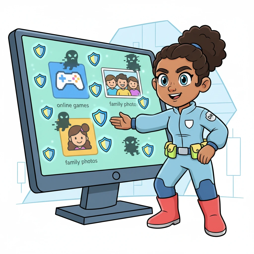 Another super important task is protecting our computers and the internet from tricky cyber bad guys. Agent Sparkle stands beside a giant, friendly computer screen, showing little digital shields protecting important information. This keeps our online games and family photos safe and sound.