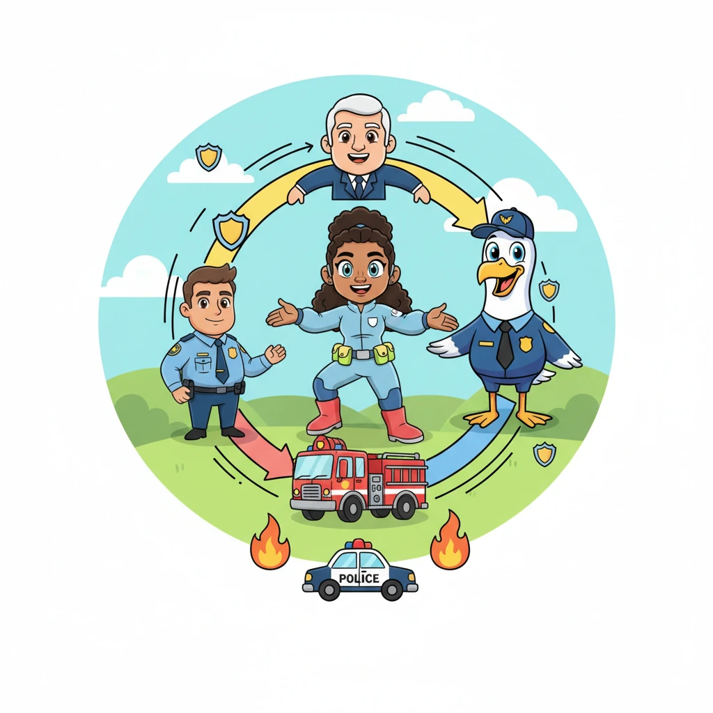 Agent Sparkle explains that DHS works closely with many other helpers, like local police, fire departments, and even the President! She shows a fun diagram with cartoon versions of these different groups, all holding hands to show how they collaborate. It's like a giant safety relay race, with everyone working together.