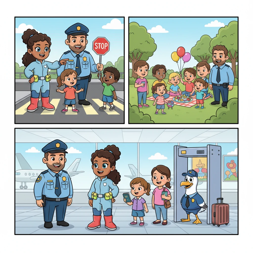 So, how does DHS impact you every day? Agent Sparkle smiles as she shows kids safely crossing the street with a crossing guard, families enjoying secure public events, and even friendly airport security making sure everyone has a smooth trip. DHS helps keep our daily lives running safely and happily.