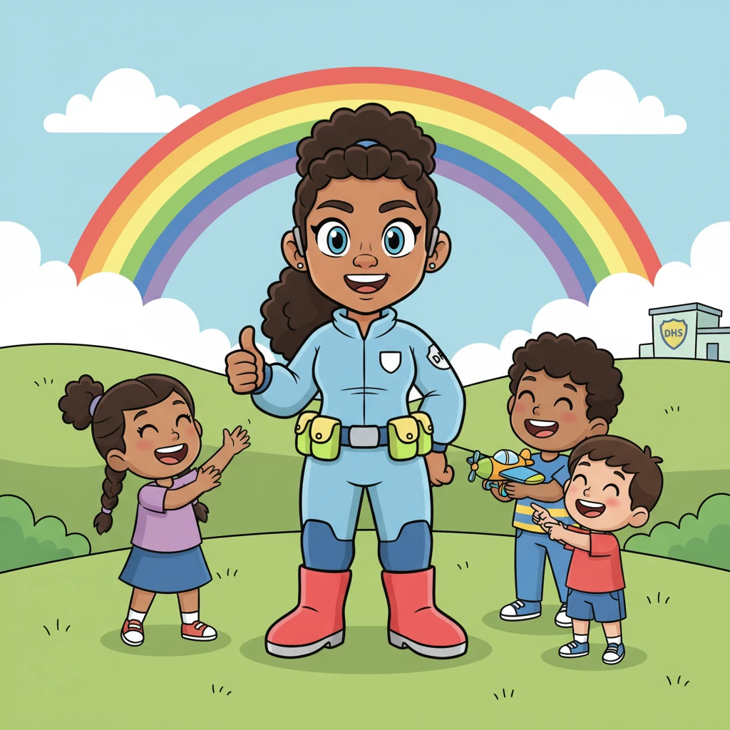 And that's the wonderful world of DHS! Agent Sparkle gives a cheerful thumbs-up, surrounded by happy, smiling children, with a bright rainbow arching overhead. She reminds us that by working together, we can all help make our communities super safe and full of joy.