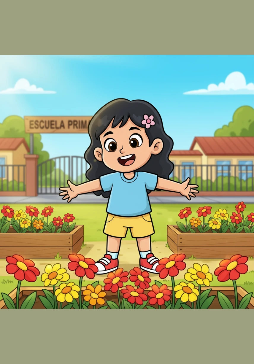 Maya se detiene frente al jardín de su escuela para admirar las flores de colores brillantes que tanto le gustan. El sol brilla sobre los pétalos rojos y amarillos mientras ella sonríe con mucha alegría al ver la naturaleza.