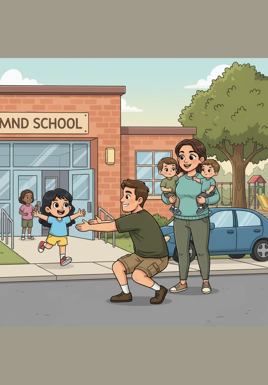 Al terminar las clases, el papá de Maya llega a buscarla y la recibe con un abrazo muy fuerte y cálido. Maya se siente inmensamente feliz y segura en los brazos de su papá mientras se despiden de la escuela.