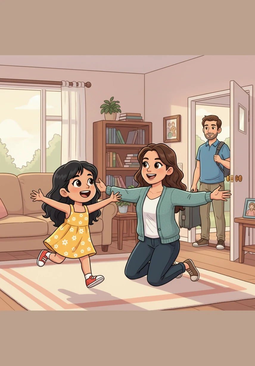 Al llegar a casa, su mamá la espera con una gran sonrisa y le da otro tierno abrazo que llena el corazón de Maya de emoción. Es un momento lleno de amor donde Maya se siente la niña más querida del mundo.