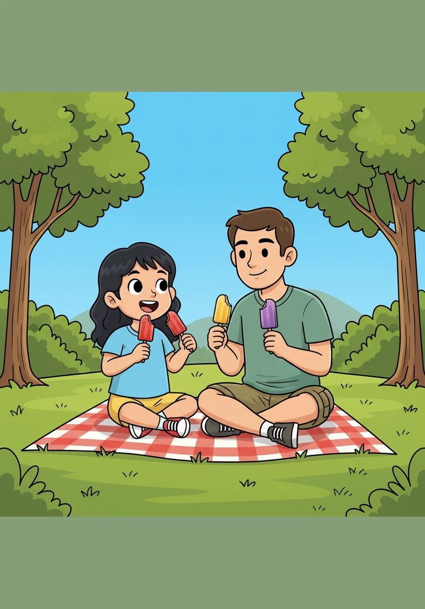 La familia camina junta hacia el parque cercano, donde el cielo está despejado y los árboles son muy verdes. Se sientan en el pasto a disfrutar de unas deliciosas y refrescantes paletas de hielo de sus sabores favoritos.