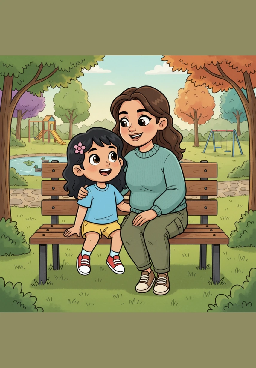 Sentada en la banca del parque, Maya le cuenta a su mamá todo lo que hizo en la escuela con mucho entusiasmo. Su mamá la mira a los ojos con ternura y escucha con mucha atención cada una de sus pequeñas historias.