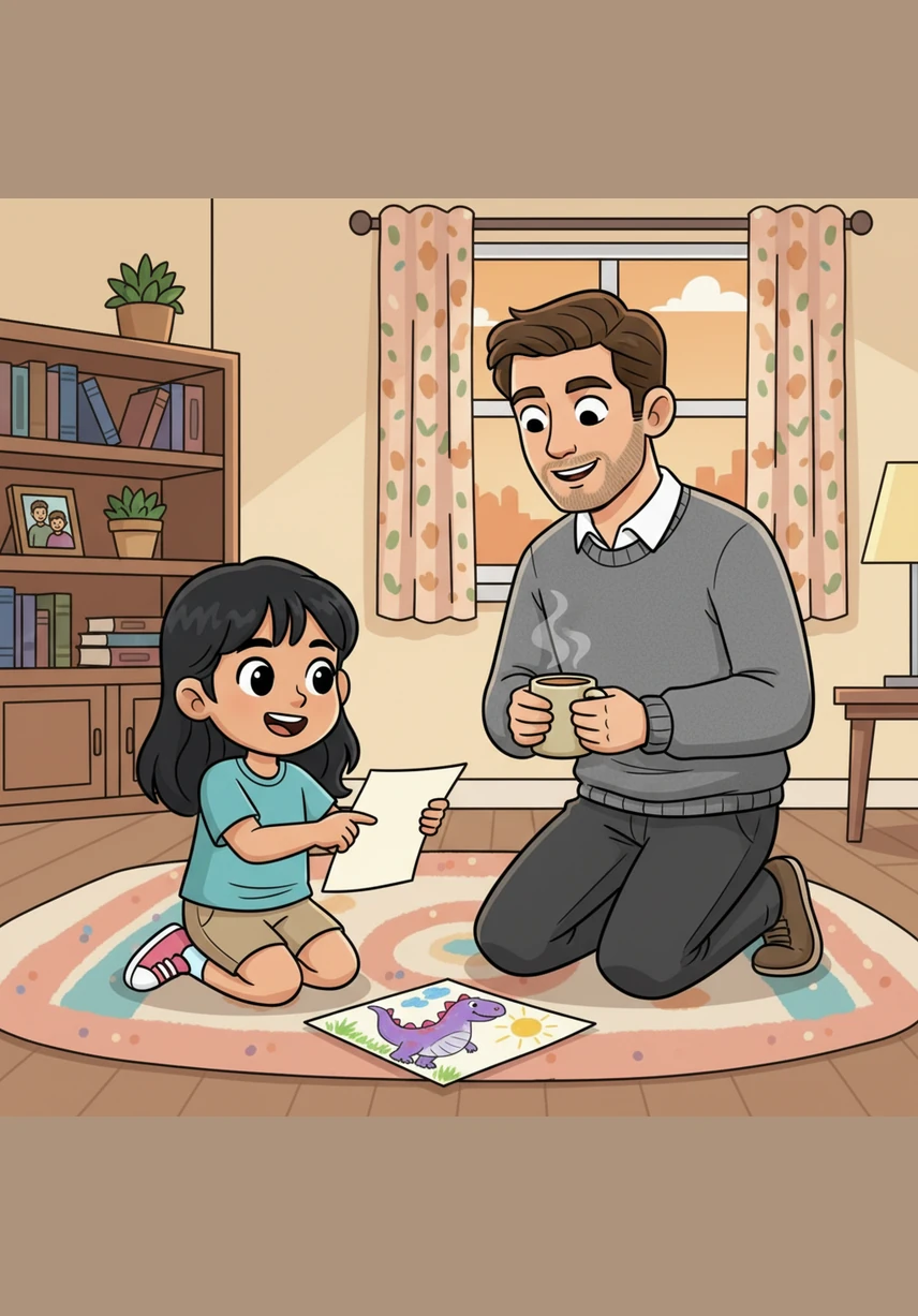 Al regresar a casa, Maya busca a su papá para platicarle lo divertido que fue el recreo jugando con sus amigos. Su papá deja lo que está haciendo para escucharla con interés, haciendo que Maya se sienta importante y valorada.