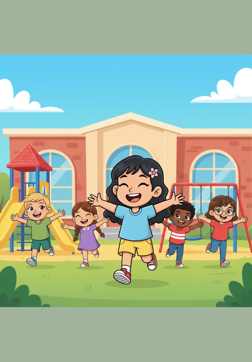 Al día siguiente en la escuela, Maya juega con sus amigos al divertido juego de los pajaritos de colores. Todos corren y ríen por el patio moviendo sus brazos como si fueran alas brillantes volando por el cielo.